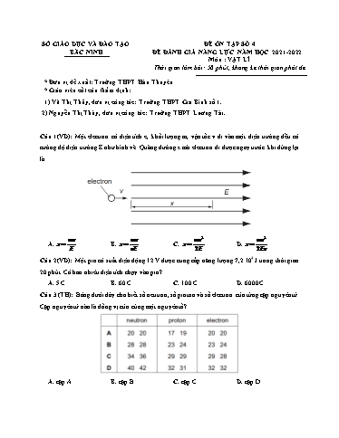 Đề ôn số 4 thi đánh giá năng lực năm 2022 môn Vật lí - Sở GD&ĐT Bắc Ninh (Có đáp án)