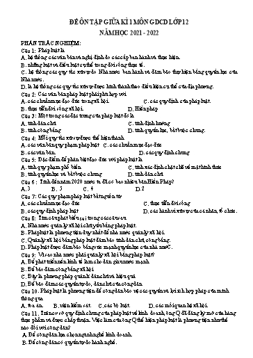 Đề ôn tập giữa kì 1 môn GDCD 12 - Năm học 2021-2022 (Có đáp án)