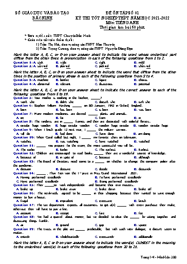 Đề ôn tập số 1 Kỳ thi TN THPT 2022 môn Tiếng Anh - Sở GD&ĐT Bắc Ninh (Có đáp án)