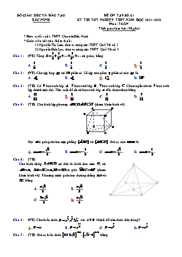 Đề ôn tập số 1 Kỳ thi TN THPT 2022 môn Toán - Trường THPT Chuyên Bắc Ninh (Có đáp án)