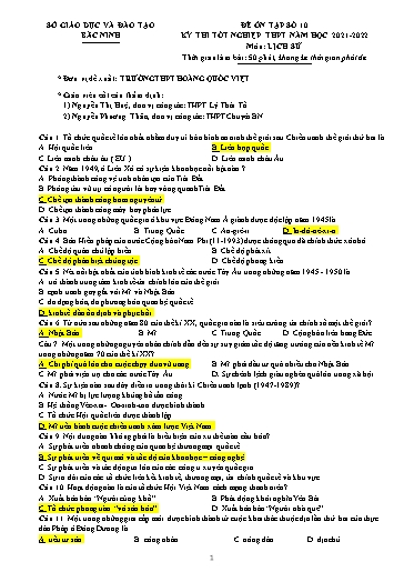 Đề ôn tập số 10 Kỳ thi TN THPT 2022 môn Lịch sử - Sở GD&ĐT Bắc Ninh (Có đáp án)