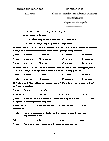 Đề ôn tập số 10 Kỳ thi TN THPT 2022 môn Tiếng Anh - Sở GD&ĐT Bắc Ninh (Có đáp án)