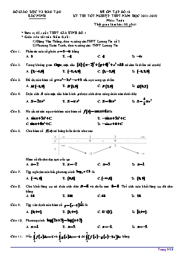 Đề ôn tập số 10 Kỳ thi TN THPT 2022 môn Toán - Trường THPT Gia Bình số 1 (Có đáp án)
