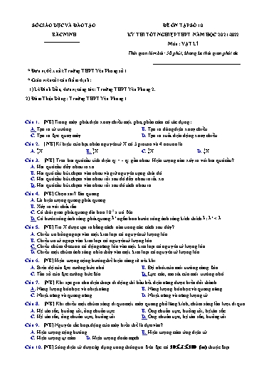Đề ôn tập số 10 Kỳ thi TN THPT 2022 môn Vật lí - Sở GD&ĐT Bắc Ninh (Có đáp án)