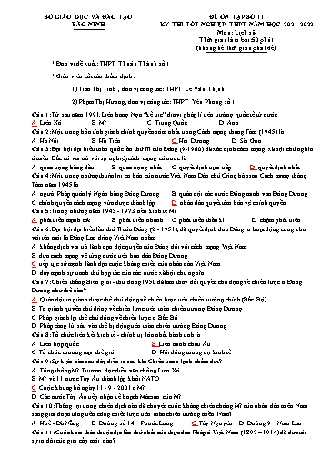 Đề ôn tập số 11 Kỳ thi TN THPT 2022 môn Lịch sử - Sở GD&ĐT Bắc Ninh (Có đáp án)
