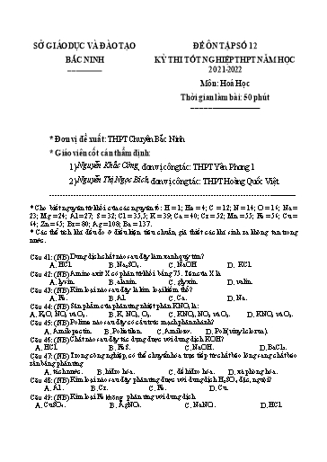 Đề ôn tập số 12 Kỳ thi TN THPT 2022 môn Hóa học - Trường THPT Chuyên Bắc Ninh (Có đáp án)