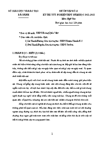 Đề ôn tập số 12 Kỳ thi TN THPT 2022 môn Ngữ văn - Sở GD&ĐT Bắc Ninh (Có đáp án)