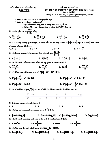 Đề ôn tập số 12 Kỳ thi TN THPT 2022 môn Toán - Trường THPT Hoàng Quốc Việt (Có đáp án)
