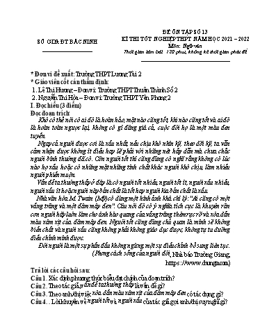 Đề ôn tập số 13 Kỳ thi TN THPT 2022 môn Ngữ văn - Sở GD&ĐT Bắc Ninh (Có đáp án)