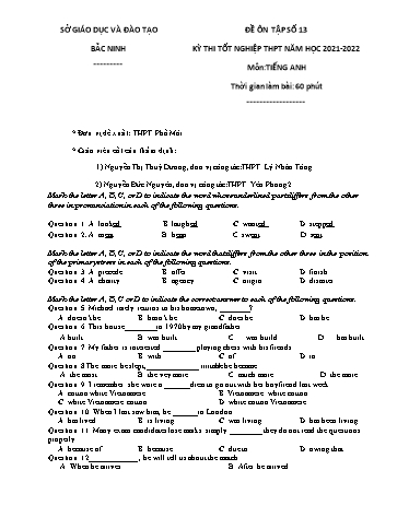 Đề ôn tập số 13 Kỳ thi TN THPT 2022 môn Tiếng Anh - Sở GD&ĐT Bắc Ninh (Có đáp án)
