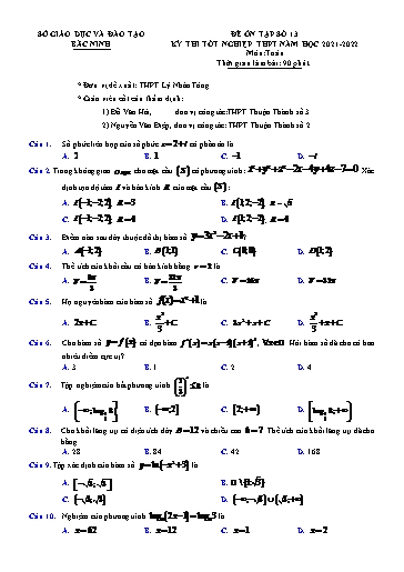 Đề ôn tập số 13 Kỳ thi TN THPT 2022 môn Toán - Trường THPT Lý Nhân Tông (Có đáp án)