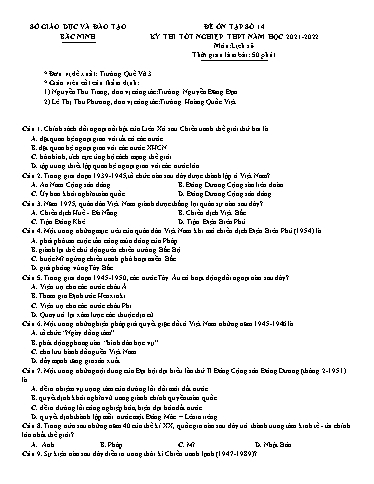 Đề ôn tập số 14 Kỳ thi TN THPT 2022 môn Lịch sử - Sở GD&ĐT Bắc Ninh (Có đáp án)