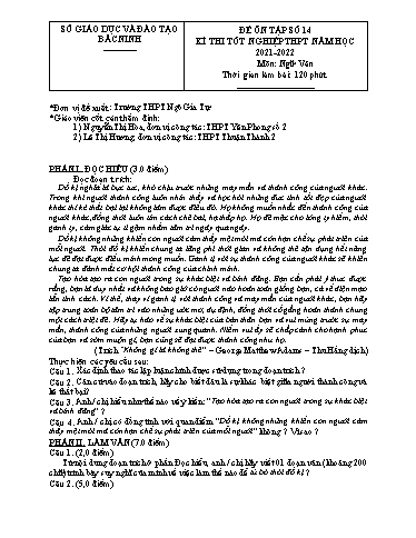 Đề ôn tập số 14 Kỳ thi TN THPT 2022 môn Ngữ văn - Sở GD&ĐT Bắc Ninh (Có đáp án)