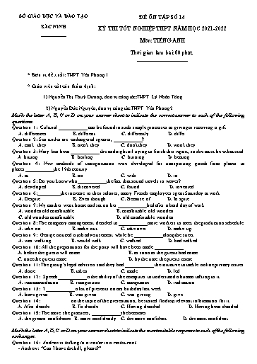 Đề ôn tập số 14 Kỳ thi TN THPT 2022 môn Tiếng Anh - Sở GD&ĐT Bắc Ninh (Có đáp án)