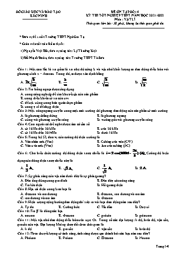 Đề ôn tập số 14 Kỳ thi TN THPT 2022 môn Vật lí - Sở GD&ĐT Bắc Ninh (Có đáp án)