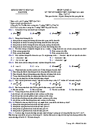 Đề ôn tập số 15 Kỳ thi TN THPT 2022 môn Vật lí - Sở GD&ĐT Bắc Ninh (Có đáp án)