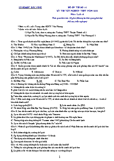 Đề ôn tập số 16 Kỳ thi TN THPT 2022 môn Lịch sử - Sở GD&ĐT Bắc Ninh (Có đáp án)