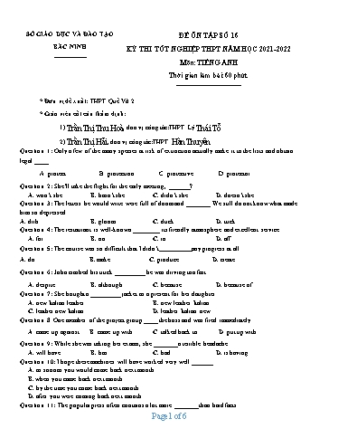 Đề ôn tập số 16 Kỳ thi TN THPT 2022 môn Tiếng Anh - Sở GD&ĐT Bắc Ninh (Có đáp án)