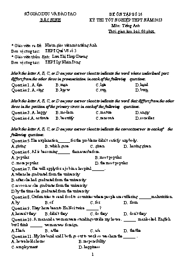 Đề ôn tập số 16 Kỳ thi TN THPT 2023 môn Tiếng Anh - Sở GD&ĐT Bắc Ninh (Có đáp án)
