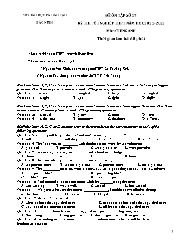 Đề ôn tập số 17 Kỳ thi TN THPT 2022 môn Tiếng Anh - Sở GD&ĐT Bắc Ninh (Có đáp án)