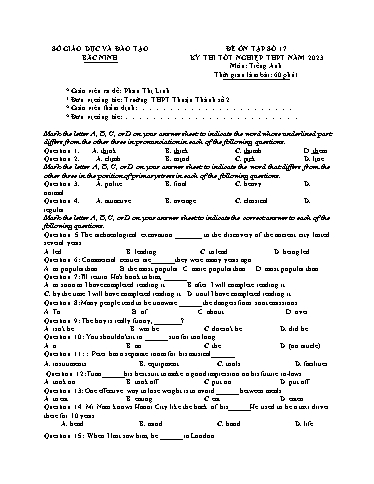 Đề ôn tập số 17 Kỳ thi TN THPT 2023 môn Tiếng Anh - Sở GD&ĐT Bắc Ninh (Có đáp án)