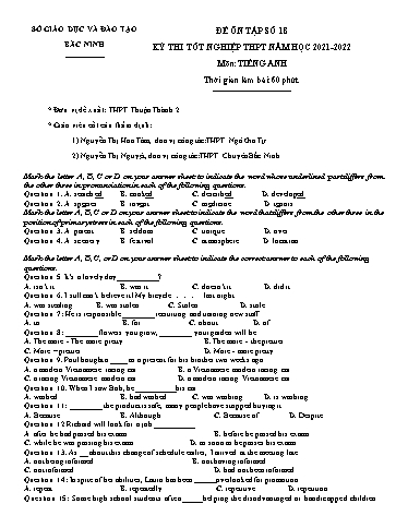 Đề ôn tập số 18 Kỳ thi TN THPT 2022 môn Tiếng Anh - Sở GD&ĐT Bắc Ninh (Có đáp án)