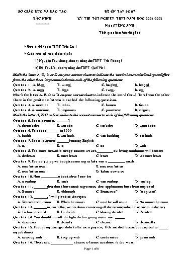 Đề ôn tập số 2 Kỳ thi TN THPT 2022 môn Tiếng Anh - Sở GD&ĐT Bắc Ninh (Có đáp án)