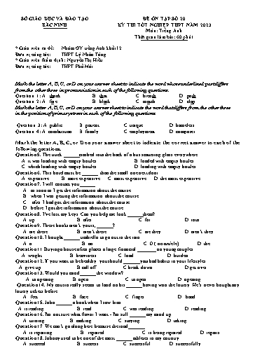 Đề ôn tập số 20 Kỳ thi TN THPT 2023 môn Tiếng Anh - Sở GD&ĐT Bắc Ninh (Có đáp án)