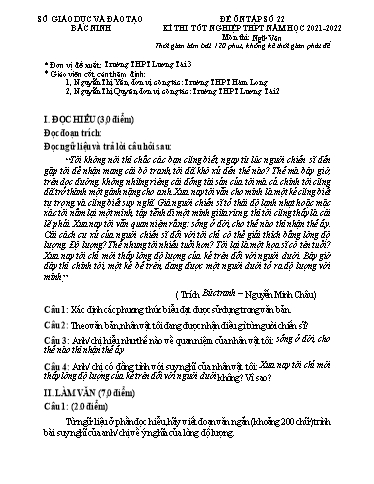 Đề ôn tập số 22 Kỳ thi TN THPT 2022 môn Ngữ văn - Sở GD&ĐT Bắc Ninh (Có đáp án)