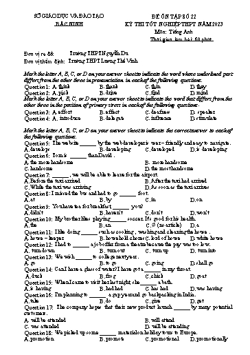 Đề ôn tập số 22 Kỳ thi TN THPT 2023 môn Tiếng Anh - Sở GD&ĐT Bắc Ninh (Có đáp án)