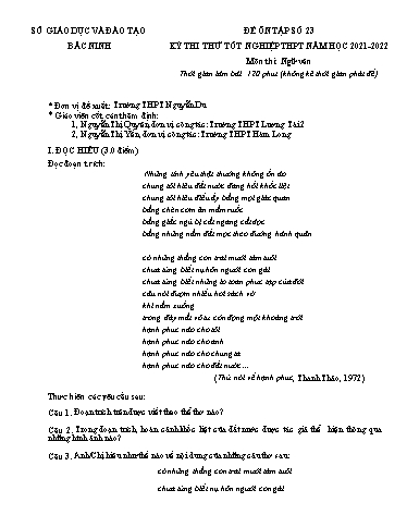 Đề ôn tập số 23 Kỳ thi TN THPT 2022 môn Ngữ văn - Sở GD&ĐT Bắc Ninh (Có đáp án)