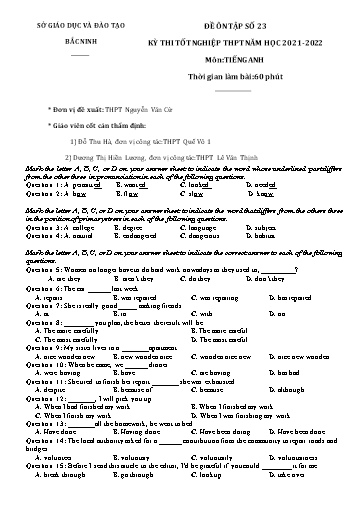 Đề ôn tập số 23 Kỳ thi TN THPT 2022 môn Tiếng Anh - Sở GD&ĐT Bắc Ninh (Có đáp án)