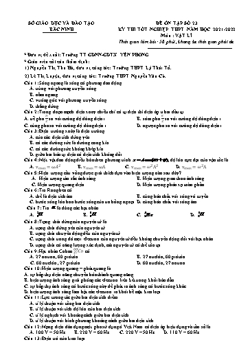 Đề ôn tập số 23 Kỳ thi TN THPT 2022 môn Vật lí - Sở GD&ĐT Bắc Ninh (Có đáp án)