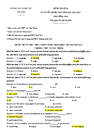 Đề ôn tập số 24 Kỳ thi TN THPT 2022 môn Tiếng Anh - Sở GD&ĐT Bắc Ninh (Có đáp án)
