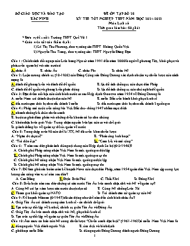 Đề ôn tập số 25 Kỳ thi TN THPT 2022 môn Lịch sử - Sở GD&ĐT Bắc Ninh (Có đáp án)