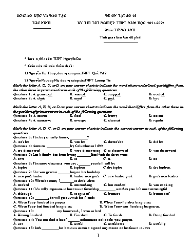 Đề ôn tập số 25 Kỳ thi TN THPT 2022 môn Tiếng Anh - Sở GD&ĐT Bắc Ninh (Có đáp án)