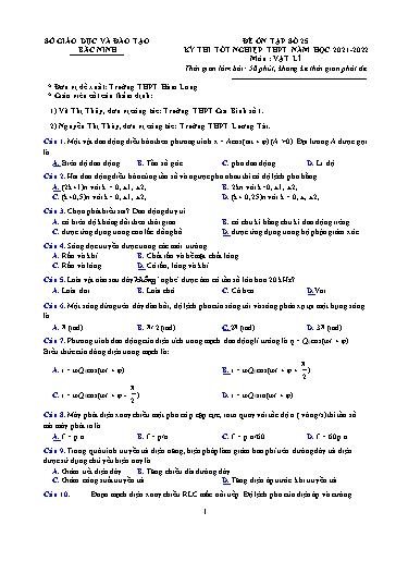 Đề ôn tập số 25 Kỳ thi TN THPT 2022 môn Vật lí - Sở GD&ĐT Bắc Ninh (Có đáp án)
