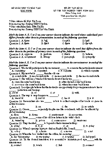 Đề ôn tập số 25 Kỳ thi TN THPT 2023 môn Tiếng Anh - Sở GD&ĐT Bắc Ninh (Có đáp án)