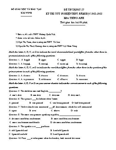 Đề ôn tập số 27 Kỳ thi TN THPT 2022 môn Tiếng Anh - Sở GD&ĐT Bắc Ninh (Có đáp án)