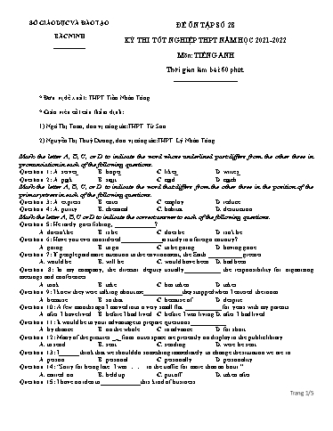 Đề ôn tập số 28 Kỳ thi TN THPT 2022 môn Tiếng Anh - Sở GD&ĐT Bắc Ninh (Có đáp án)
