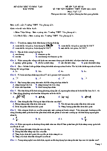 Đề ôn tập số 28 Kỳ thi TN THPT 2022 môn Vật lí - Sở GD&ĐT Bắc Ninh (Có đáp án)