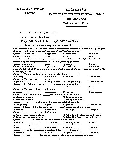 Đề ôn tập số 29 Kỳ thi TN THPT 2022 môn Tiếng Anh - Sở GD&ĐT Bắc Ninh (Có đáp án)