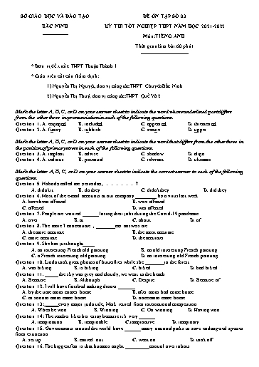 Đề ôn tập số 3 Kỳ thi TN THPT 2022 môn Tiếng Anh - Sở GD&ĐT Bắc Ninh (Có đáp án)