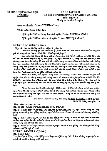 Đề ôn tập số 31 Kỳ thi TN THPT 2022 môn Ngữ văn - Sở GD&ĐT Bắc Ninh (Có đáp án)