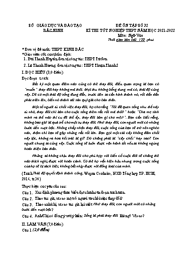 Đề ôn tập số 32 Kỳ thi TN THPT 2022 môn Ngữ văn - Sở GD&ĐT Bắc Ninh (Có đáp án)