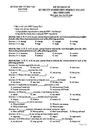 Đề ôn tập số 34 Kỳ thi TN THPT 2022 môn Tiếng Anh - Sở GD&ĐT Bắc Ninh (Có đáp án)