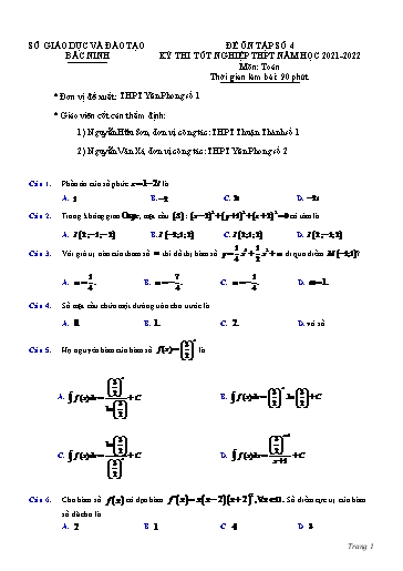 Đề ôn tập số 4 Kỳ thi TN THPT 2022 môn Toán - Trường THPT Yên Phong số 1 (Có đáp án)