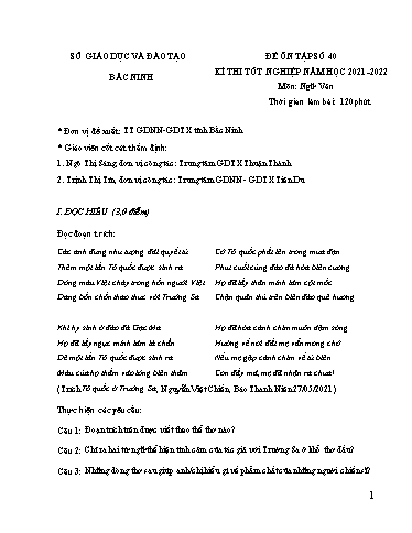 Đề ôn tập số 40 Kỳ thi TN THPT 2022 môn Ngữ văn - Sở GD&ĐT Bắc Ninh (Có đáp án)
