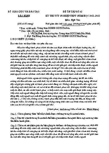 Đề ôn tập số 42 Kỳ thi TN THPT 2022 môn Ngữ văn - Sở GD&ĐT Bắc Ninh (Có đáp án)