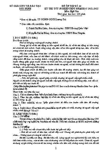 Đề ôn tập số 44 Kỳ thi TN THPT 2022 môn Ngữ văn - Sở GD&ĐT Bắc Ninh (Có đáp án)